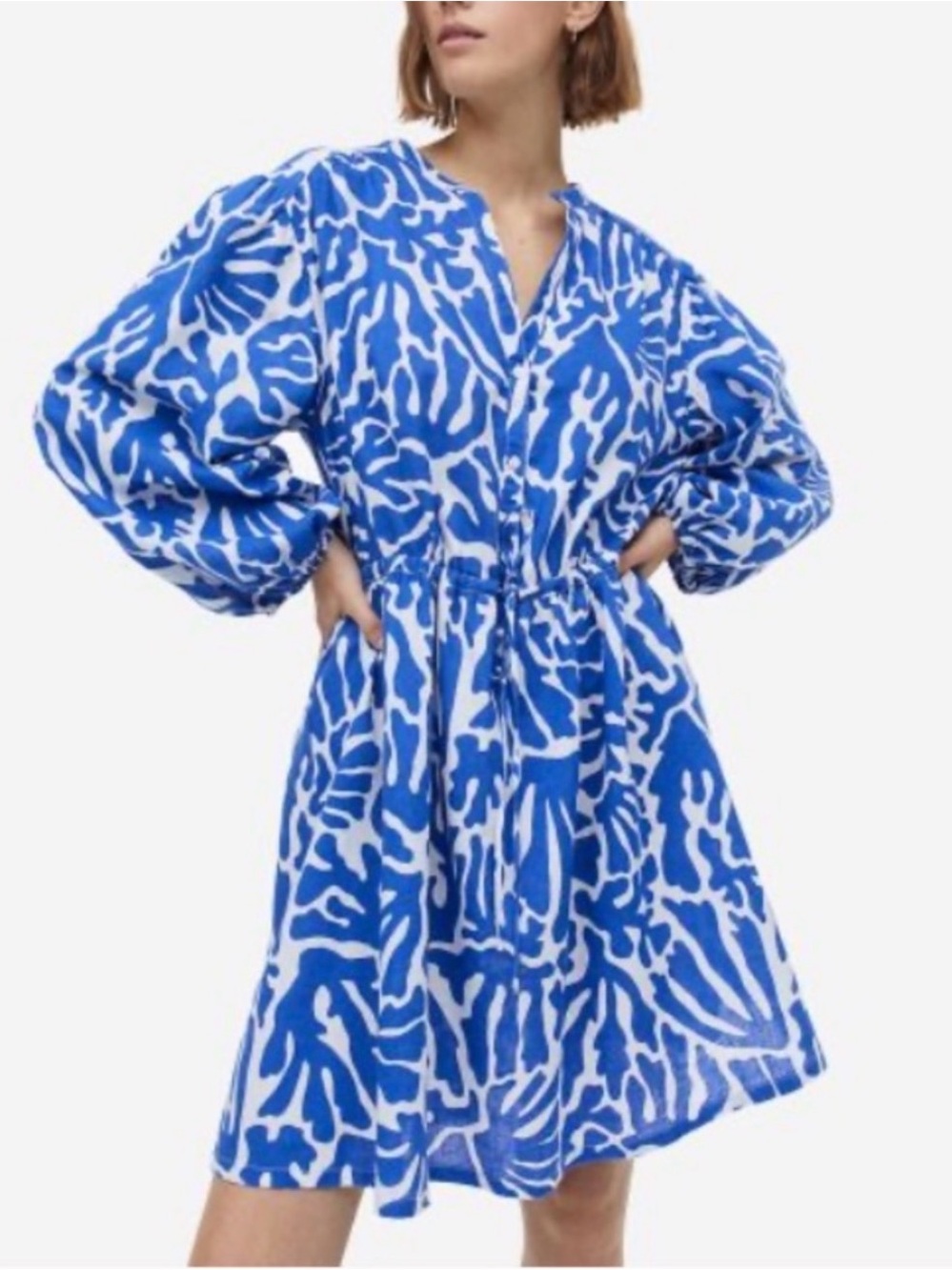 H&M Linen Blend Dress in Blue and White